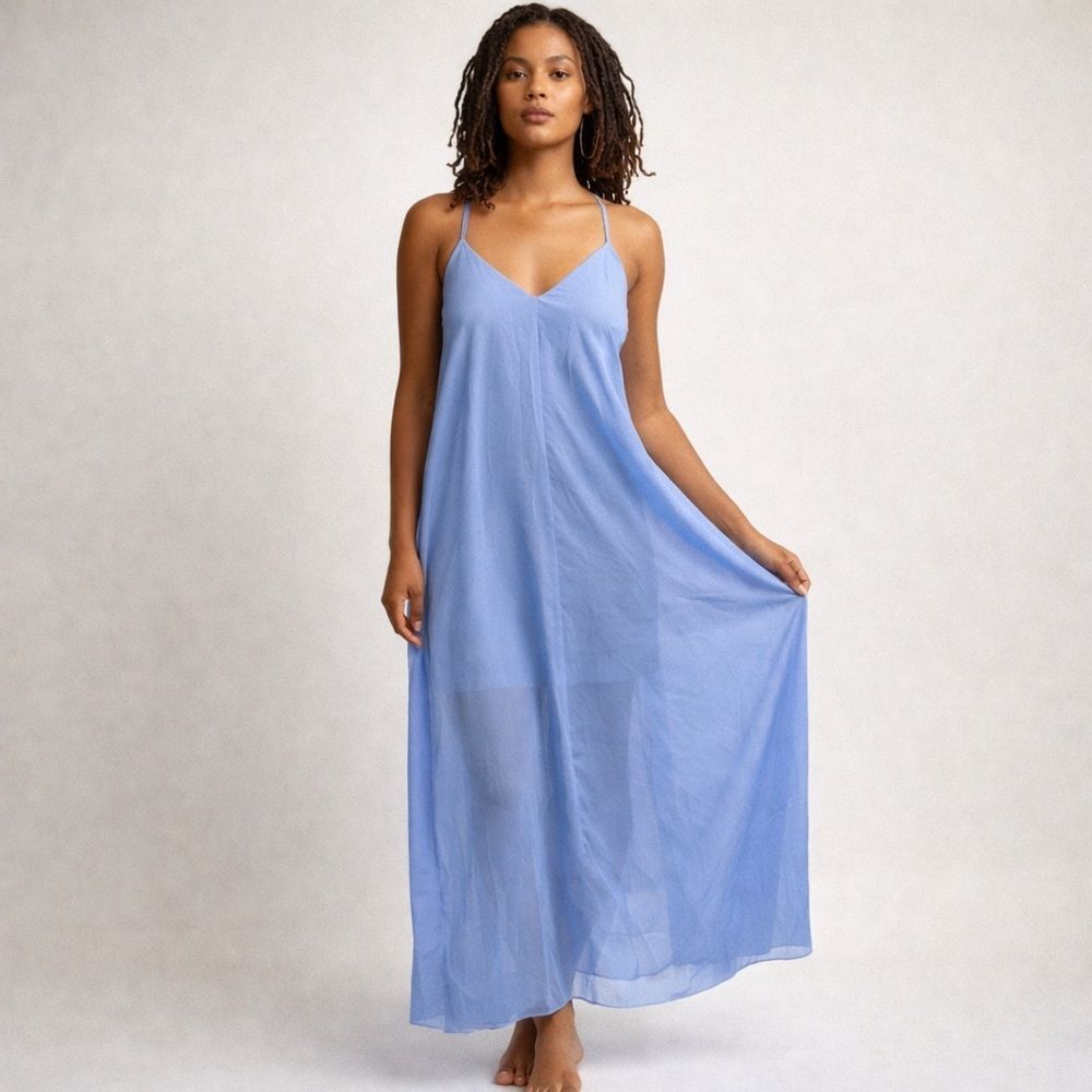 Vintage Blue Goddess Deep V Chiffon Sheer Racerback Maxi Dress